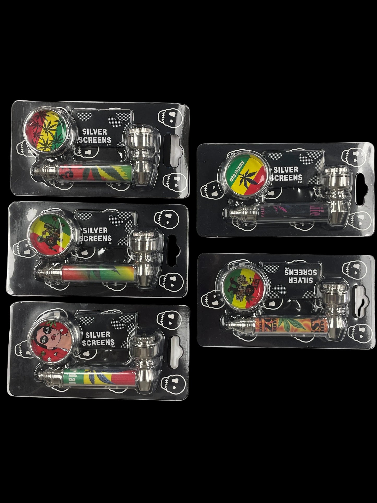 Metal Hand Pipe + Mini 2pc Plastic Grinder + 5 Pack of Silver Screens (Colors May Vary)