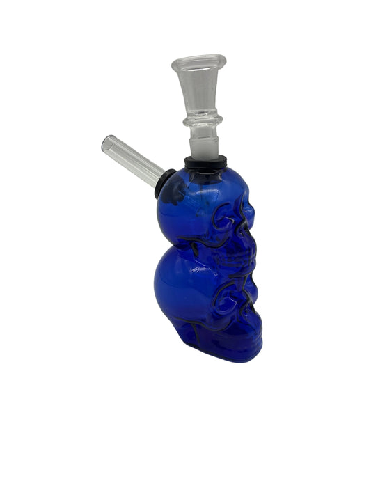 6” Blue Glass Double Skull Water Pipe with Down Stem Bowl